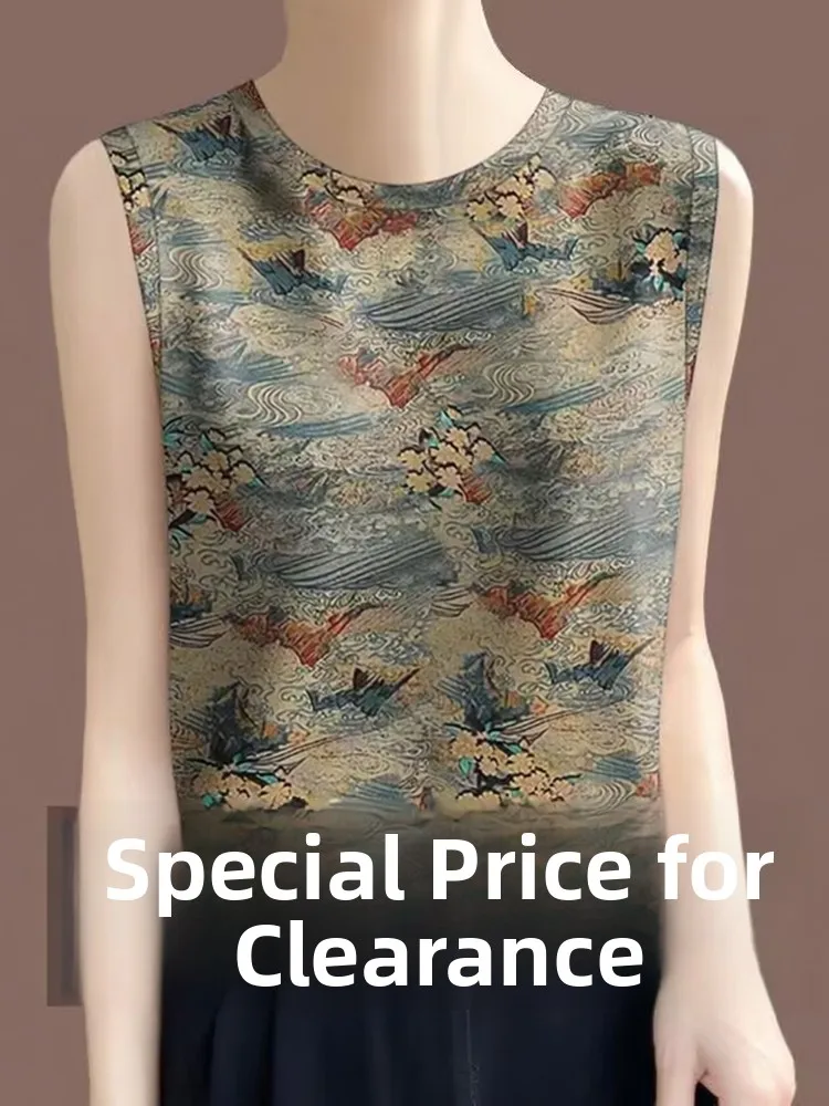 Fashionable Retro Printed Women's Tank Top Sleeveless Summer Clothes Belly Concealing round Neck 3D Element Loose Fit Outerwear
