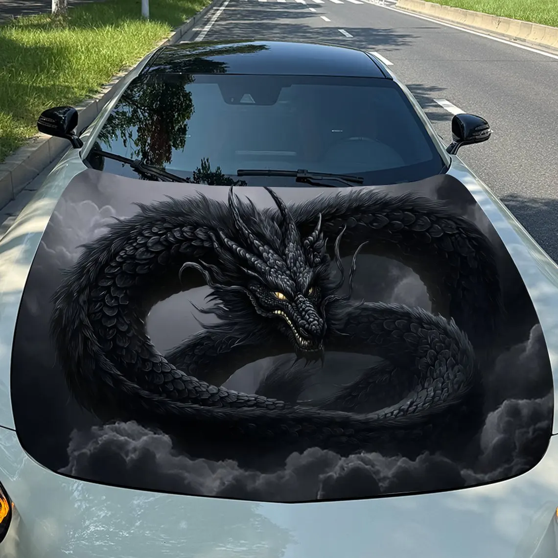 

Abyss Black Dragon with Golden-Eyed Car Vinyl Wrap, PVC Material Waterproof Car Hood Sticker, Self-Adhesive Scratch-Resistant St