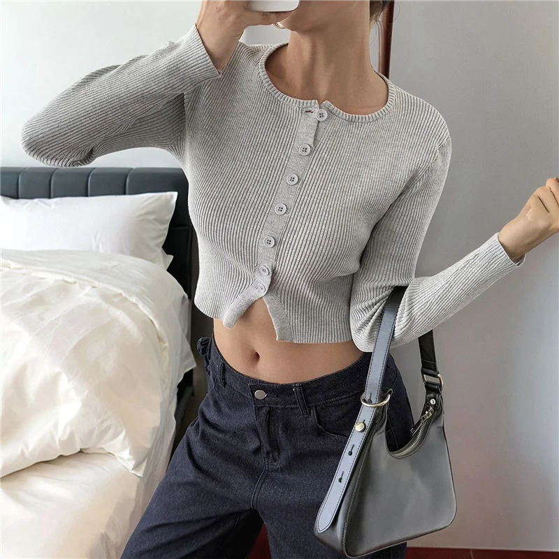 Tops de manga larga para mujer, cárdigan de otoño, camisa recortada, cuello de botón acanalado, moda bonita