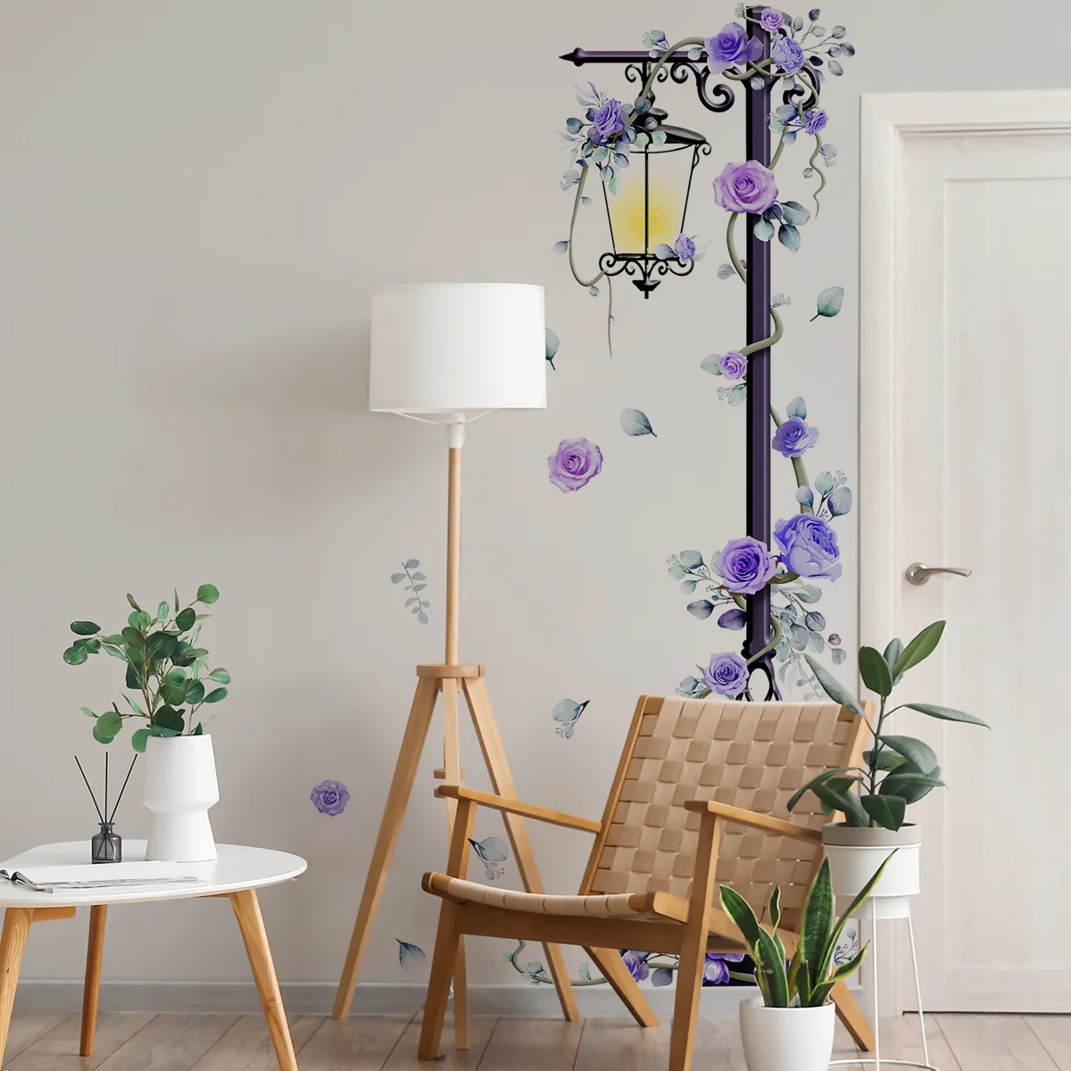 4pcs Large Street Light Purple Rose Flower Sticker Living Room Bedroom Background Decorative Wall Sticker Wallpapers Ms3093