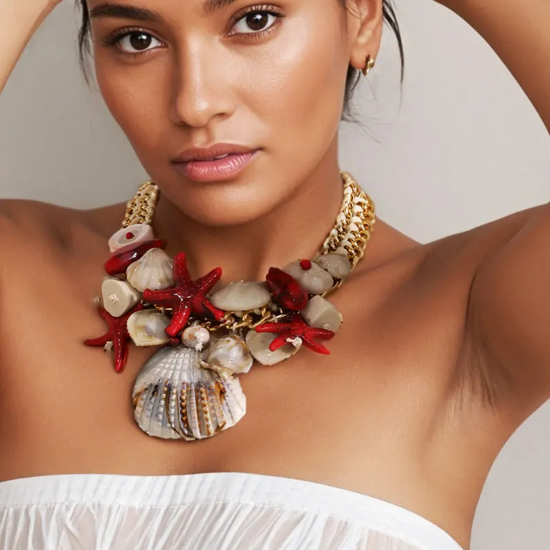 Statement Boho Perlenkette mit Seesternen und Muscheln, handgefertigt für Damen, Hochzeit, Party, Schmuck