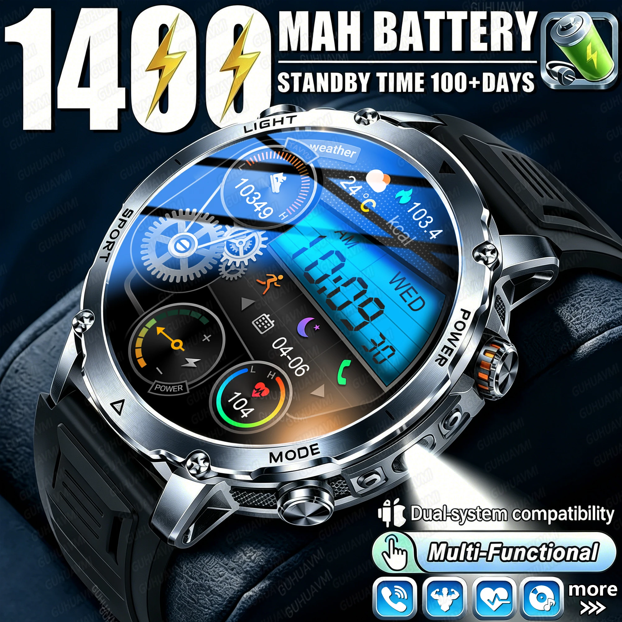 Nouvelle Montre Connectée Sportive pour Homme 2026 avec Batterie Durable 1400 mAh, Appel Bluetooth, Étanchéité IP68, Lampe Torche LED, Grand Écran 1,7 Pouces et Suivi d'Activité Physique