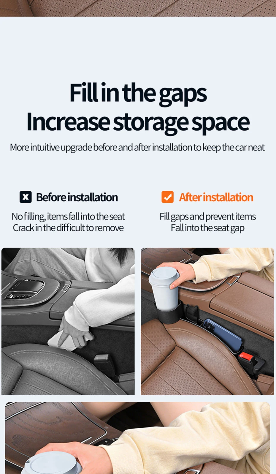 BLALION 2 Stück Auto-Sitzlücken-Aufbewahrungsbox Multifunktionaler Auto-Sitzlücken-Füller Getränkehalter Geldbörsen- und Schlüsselorganizer für Auto-Zubehör – Detail 2
