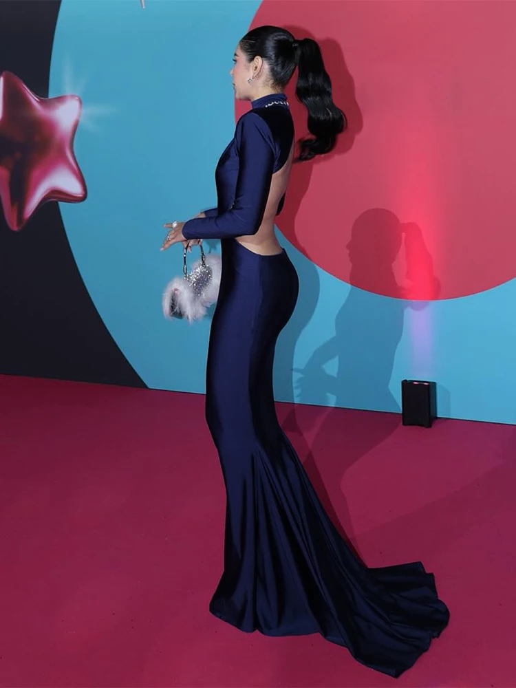 เดรสยาวเปิดหลัง Sisterlinda ผ้าซาติน คอเต่า แขนยาว ทรงเข้ารูป ชายกระโปรงไม่เท่ากัน ดีไซน์หรูหรา สำหรับงานเลี้ยง