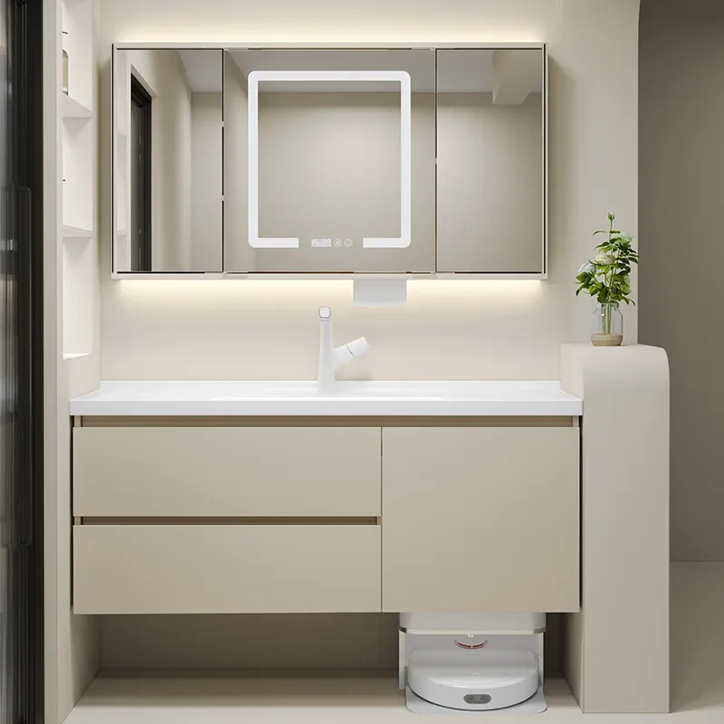 Ceramic Integrated Basin Cabinet with Mirror Smart Bathroom Vanity Washstand Sink Unit Compatible with Robot Vacuum Cleaning