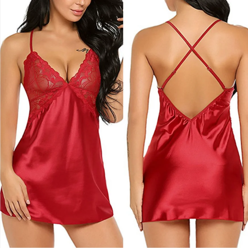 Women\'s Sexy Lace Satin Nightdress Women\'s Lingerie Sleepwear Set Babydoll Sexy Costumes Erotic Hot Dresses Exotic Pajamas