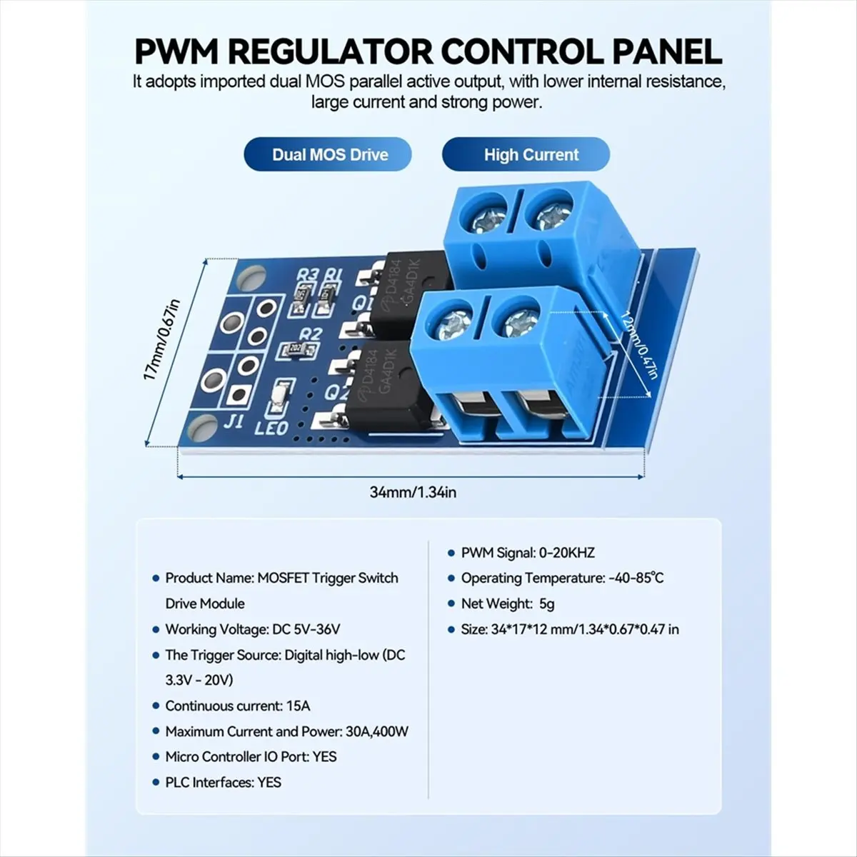 A49T 6PCS Dual High-Power MOSFET Trigger Switch Drive Module 0-20KHz PWM Adjustment Motor Speed Controller,DC 5V-36V 400W,15A