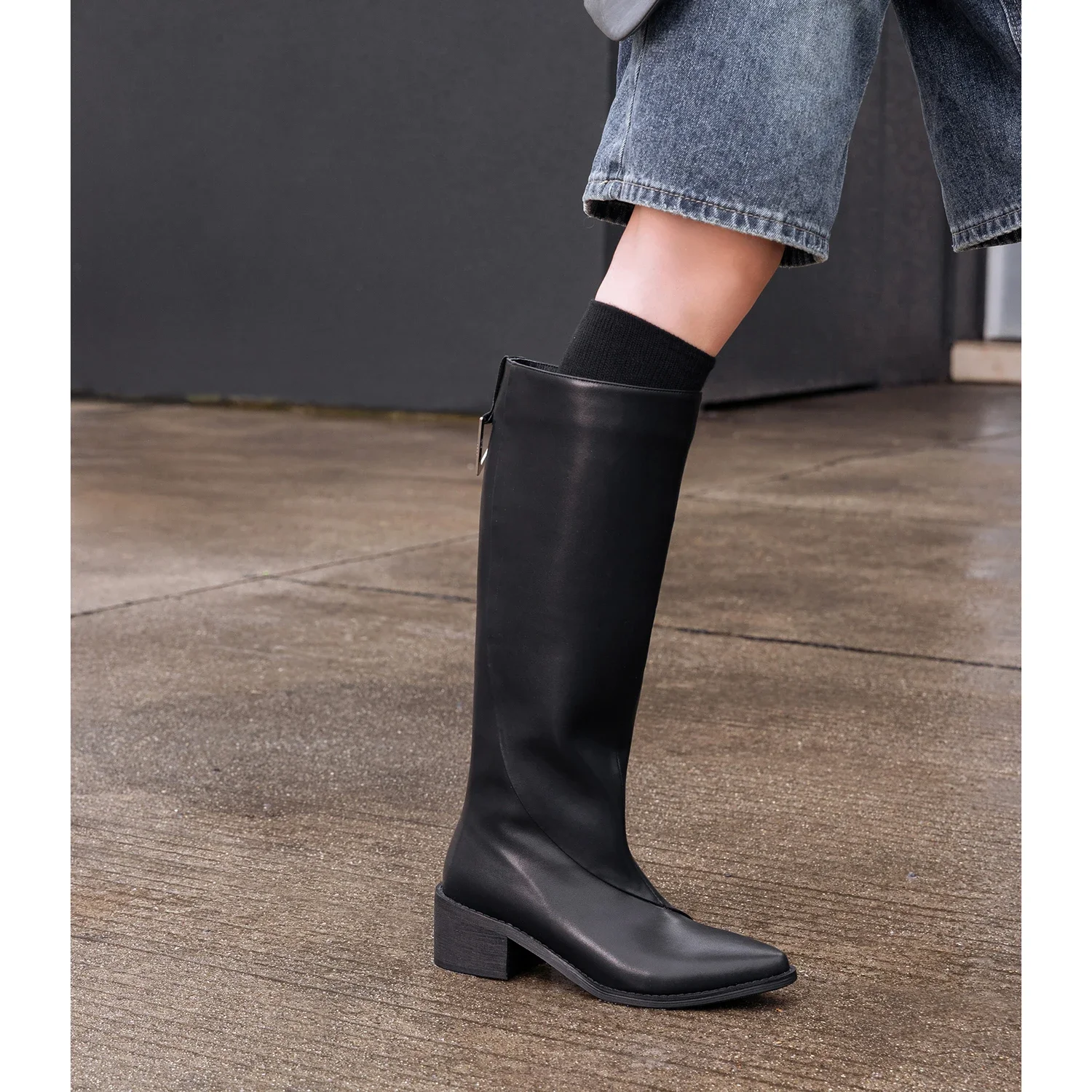 2024 Winter Women Boots Pointed Toe Knee-high Boots Women Shoes Slip-on Modern Ladies Shoes Retro Chelsea Western Boots