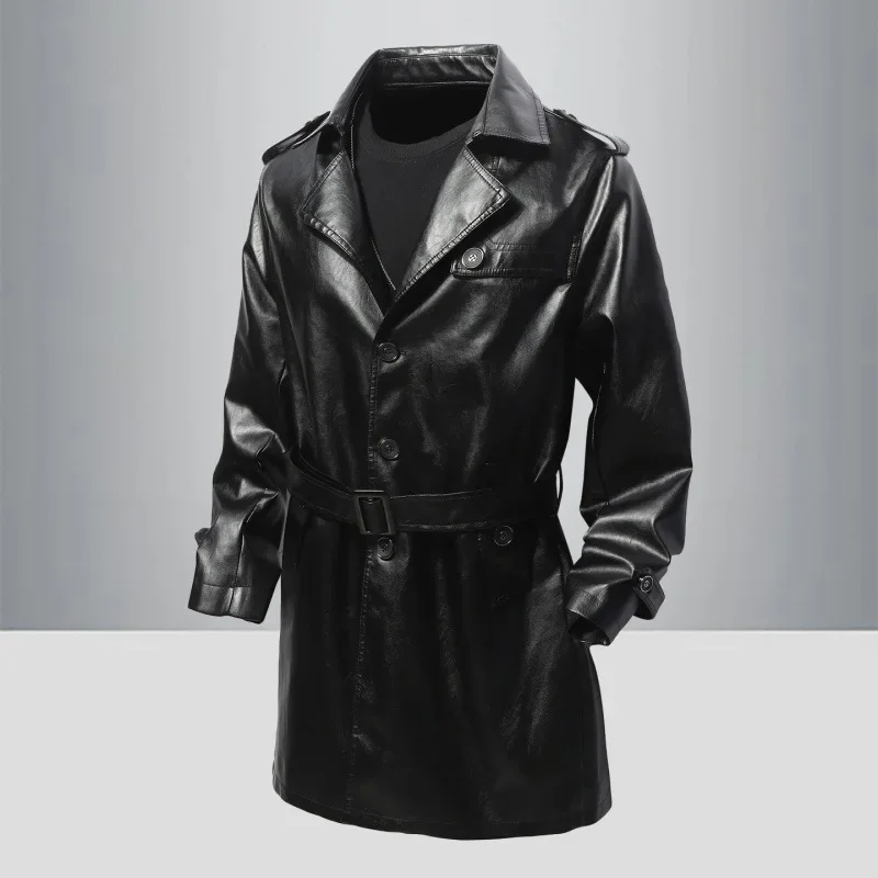 Autumn Men Leather Jacket New Mid Length Belt Turn Down Collar Male Windbreaker Solid Color Long Sleeve Waterproof Man Coat