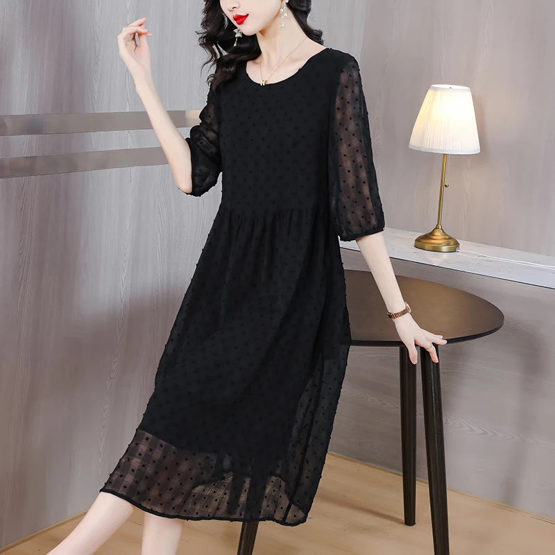 

Women's Black Jacquard Dress 2024 Spring New High-end Exquisite Lantern Sleeve Round Neck Dress Plus Size Party Drew ss Vestidos