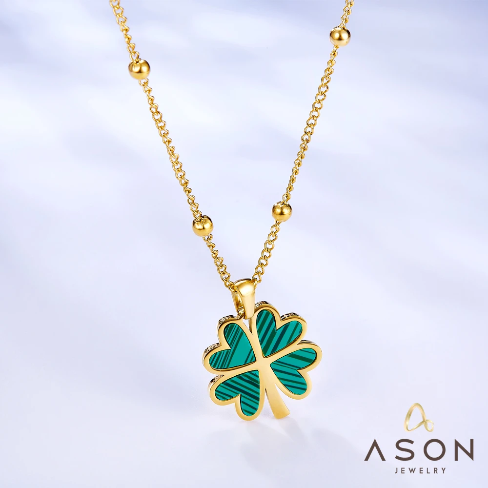 ASONSTEEL Pendant Necklace Green Four-Leaf Clover Charm Trendy Necklace Gold Color Stainless Steel 45+5cm For Women Daily Choker