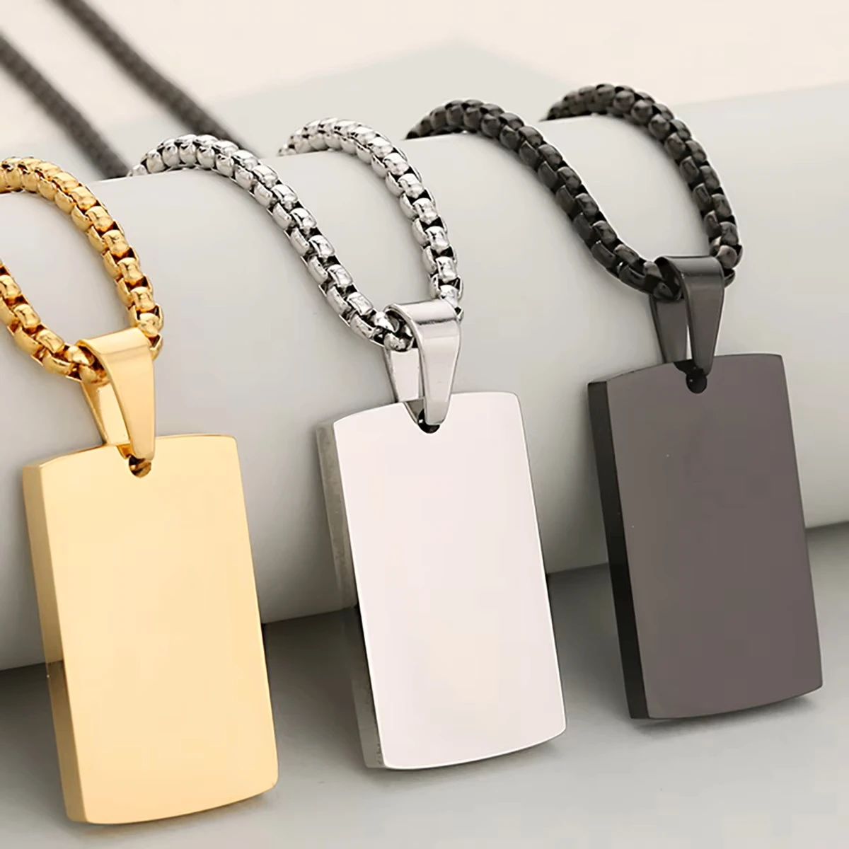 316L Edelstahl-Hundemarken-Halskette für Männer, goldfarben, mit Kastenkette, rechteckigem Anhänger, Schmuckgeschenk – Detail 4