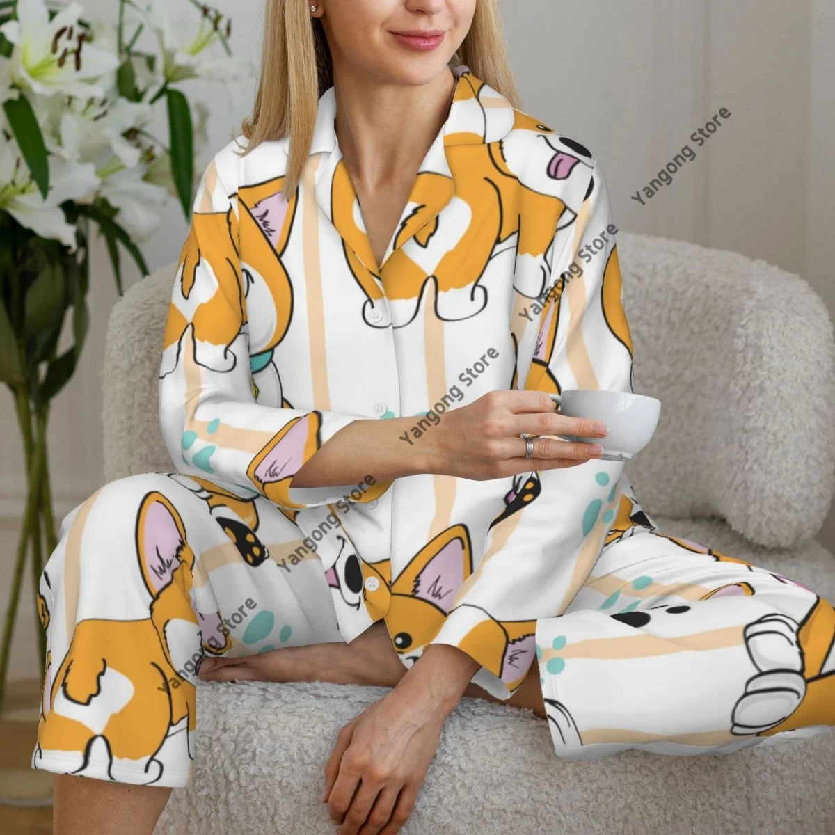 Spring and Autumn Pajama Set Women's Long Sleeve Pants Two Piece Cute Dog Corgi On A Striped Pattern Home Furnishing Set
