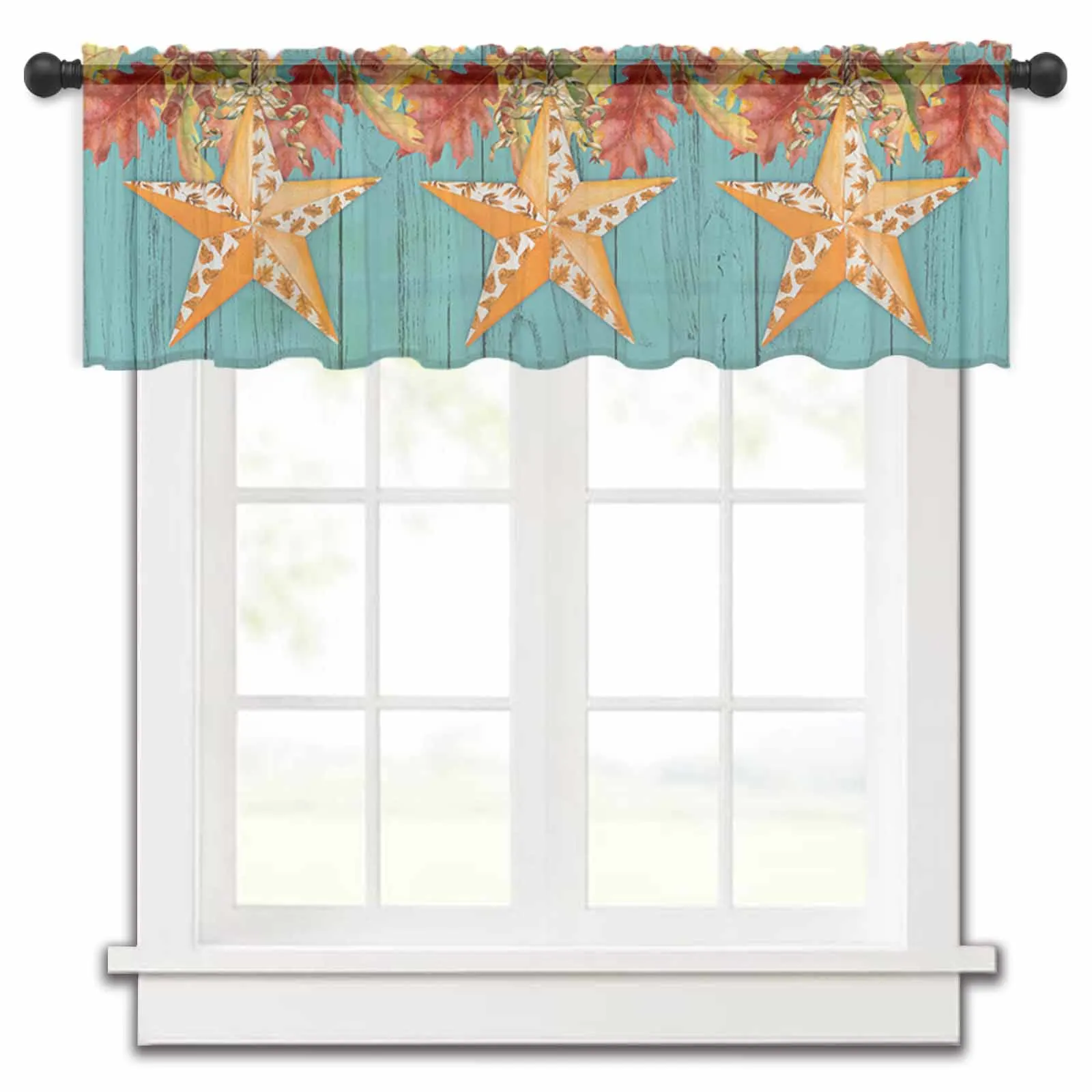 Autumn Wood Grain Orange Maple Leaf Pentagram Kitchen Small Window Curtain Tulle Sheer Short Curtain Living Room Voile Drapes