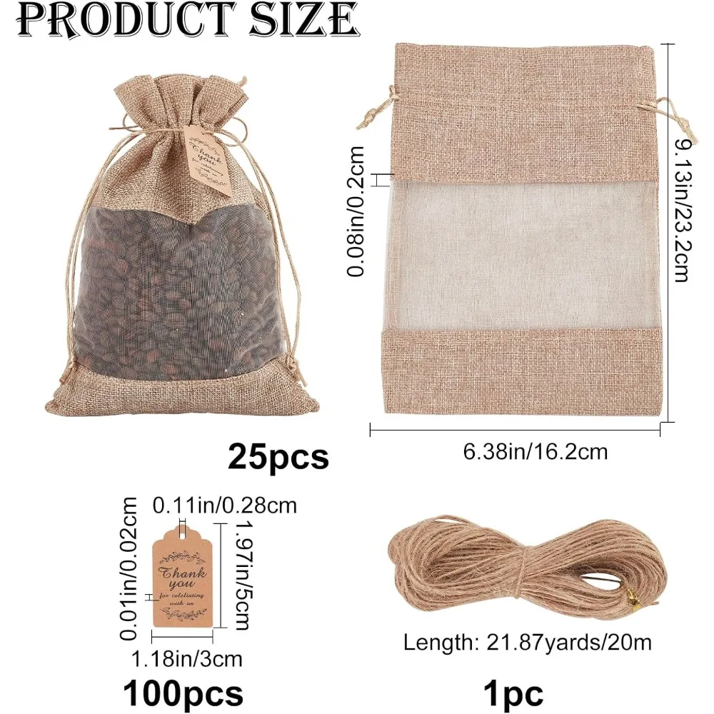 25Pcs 9×6Inch Burlap Packing Pouches Drawstring Bag Linen Sacks Bag with Drawstring Organza Visual Window Brown for Gifts