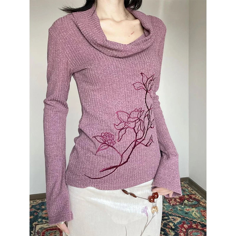 سترة نسائية كلاسيكية مكشوفة الأكتاف بلوفرات هاراجوكو محبوكة بالزهور أنيقة مضيئة بأكمام طويلة ملابس تريكو شتوية كورية