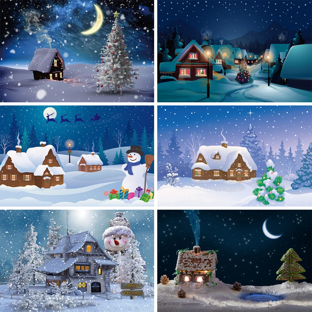 

Christmas Village Houses Decoration Backdrop Xmas Winter Snow Night Photography Background Baby Portrait Photographic Studio