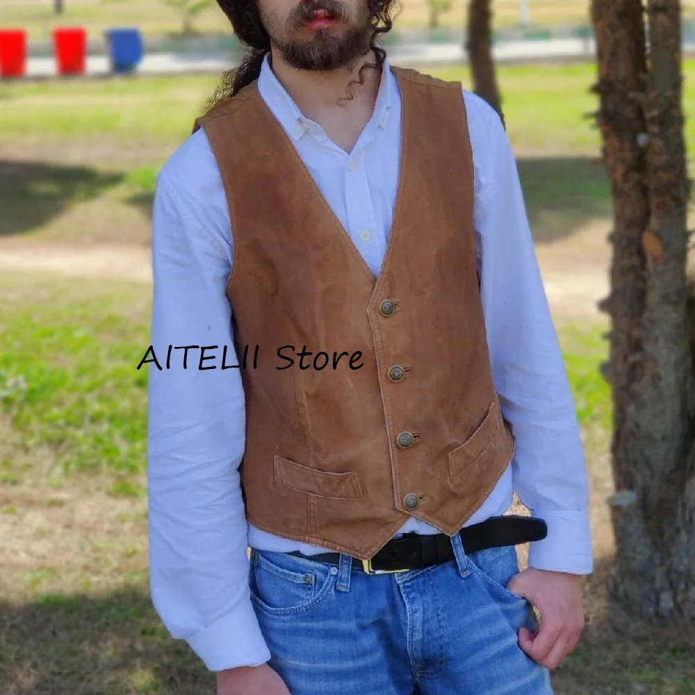 

Модный винтажный жилет с v-образным вырезом и прямыми карманами, повседневный модный костюм из замши, мужские рабочие классические костюмы, блейзер, одежда
