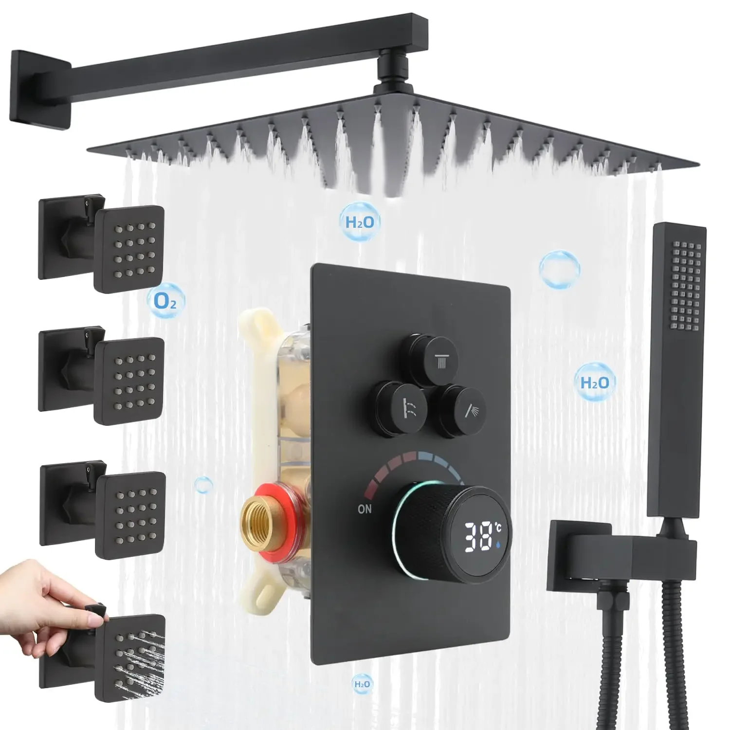 Matte Black 12 Inch Concealed Wall Mounted 3 Way Outlet Digital Display Rain Shower System Set With Body Jets