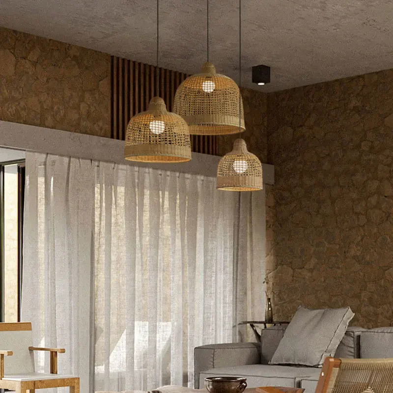 

SANDYHA Japanese Retro Rattan Bamboo Chandelier Pendant Light for Dining Room Bar Living Bedroom Aesthetic Home Decor Hollow
