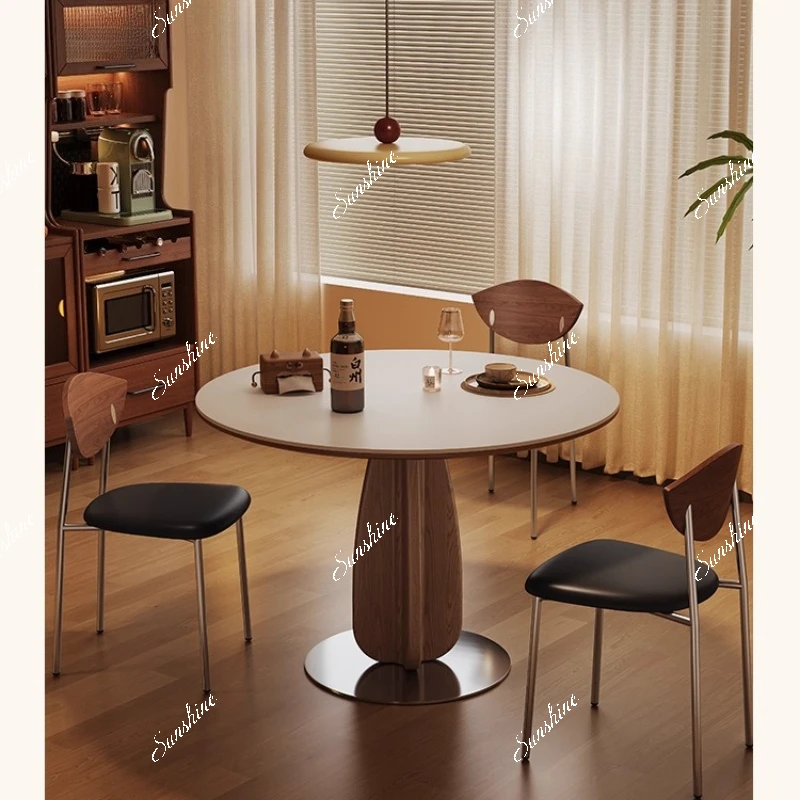 

Round solid wood dining table Small apartment walnut color medieval wabi sand wind matte pure white rock slab dining table