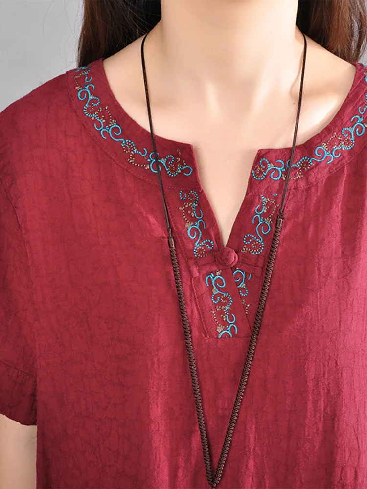 Japonês Sle Algodão Linho Bordado Emagrecer Solto V-Ne ort Sve Seda Longo Robe Dr Étnico Vento Verão D...