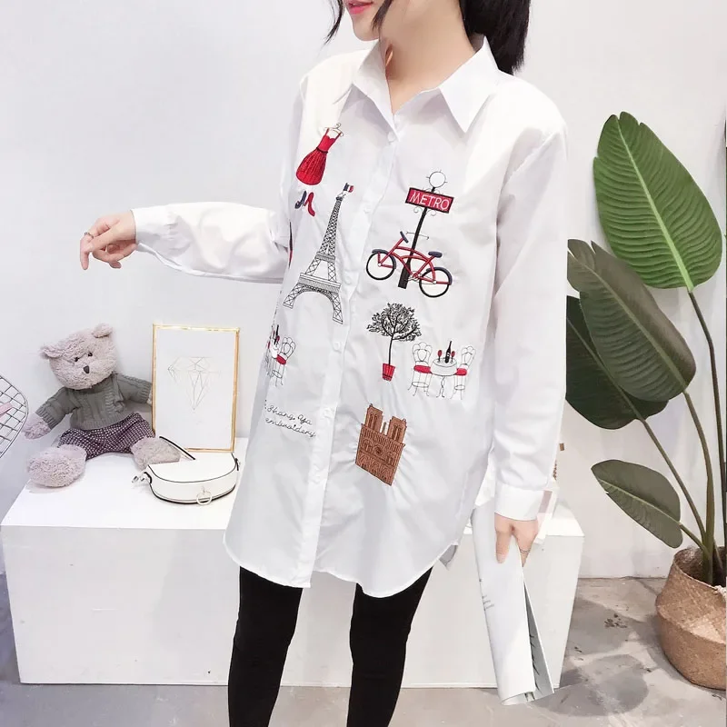 2024 New Casual Button Up Turn Down Collar Female Blouse White Women\'s Shirt Long Sleeve Cotton Embroidery Office Lady Tops 5083