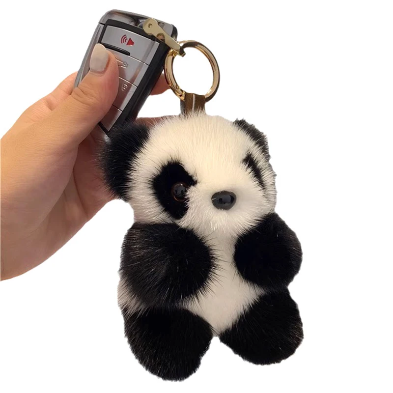 Boneka mewah Panda kecil wanita, ornamen tas Mink bulu imitasi Panda gantungan kunci mobil beruang lucu gantungan kunci mobil hadiah modis