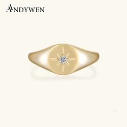ANDYWEN 925 Sterling Silver Gold Star Zircon Shinny Round Thick RIngs Women Rock Punk Classic Fashion Jewelry 2021 Wedding