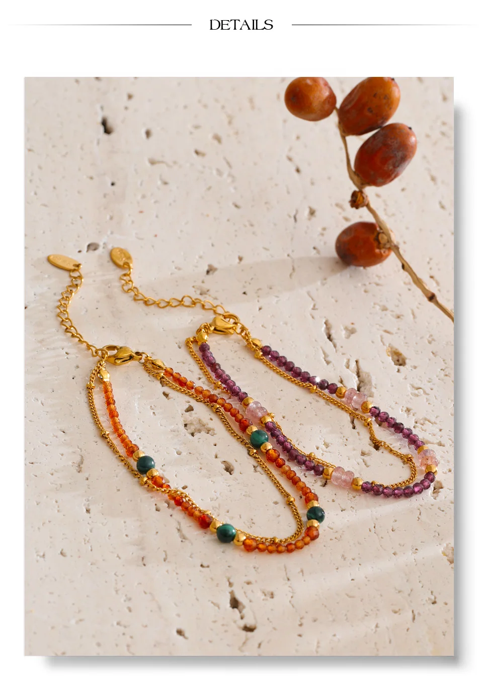 Yhpup Neuheiten Handgefertigter Schmuck Erdbeerquarz Beryll ‌ Kristallperlen-Ketten Stapelarmband Armreif PVD-Beschichtet – Detail 9