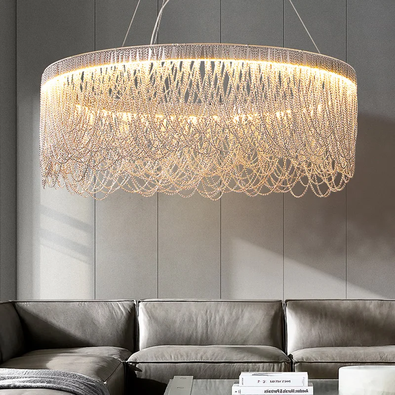 

New Modern Lustre Chrome LED Fringe Round Chandeliers Oval Indoor Lighting for Living Room Bedroom Tassel Aluminum Chain Lamp