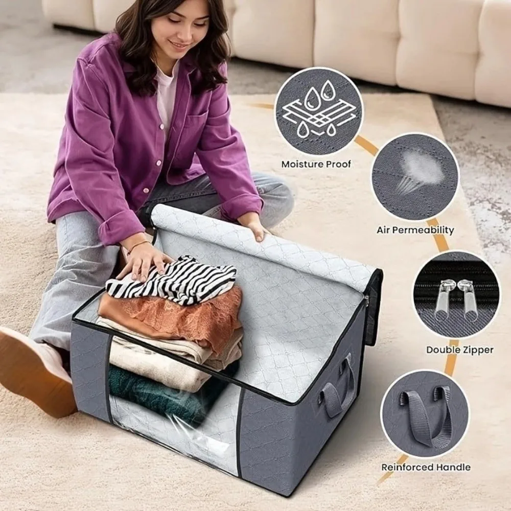 Oversized Foldable Storage Bag Non-woven Durable Clothing Organizer With Visible Windows With Zipper Quilt Organizer For Bedding