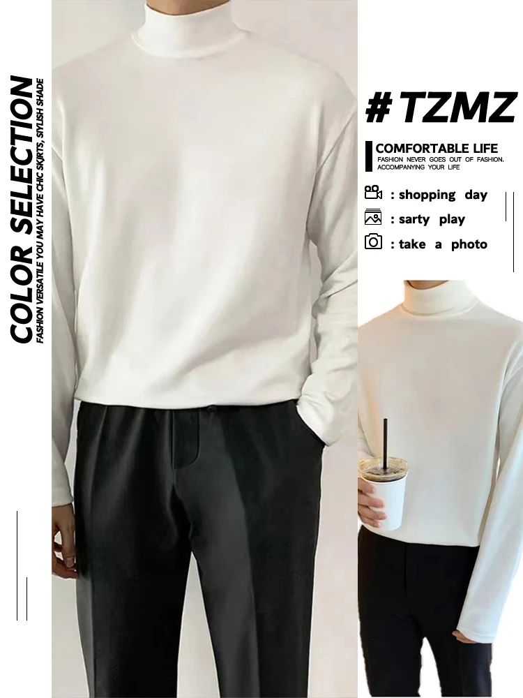 

Men's Loose Long Sve Base irt f High Collar Thermal Inner Wear T-irt Youth Faion Winter Breathable Pure Color Top