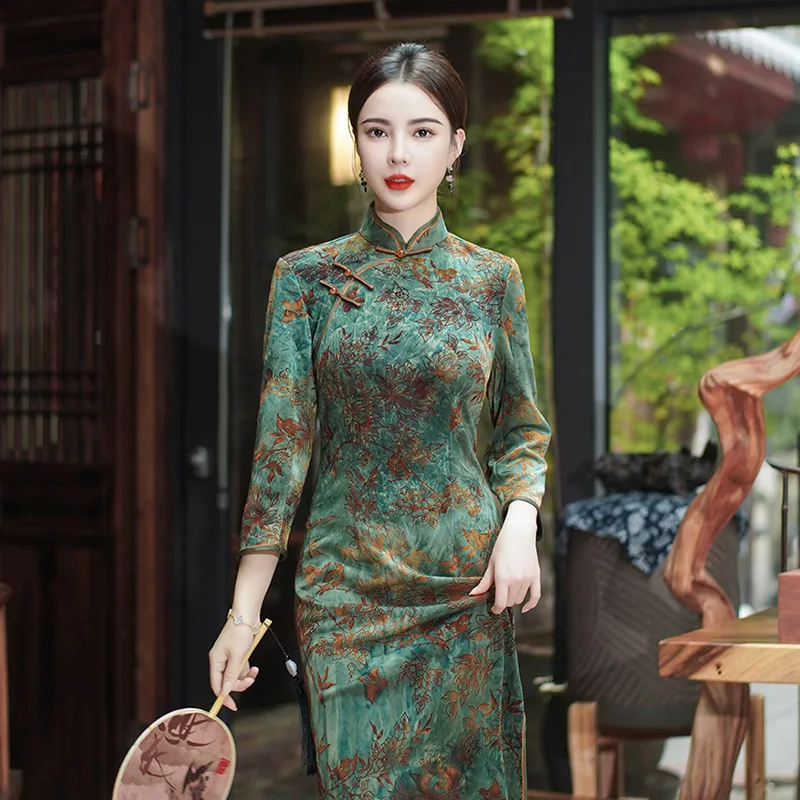 Cheongsam de talla grande para mujer, vestido de noche tradicional chino, traje largo, 5 colores, mejorado, Invierno