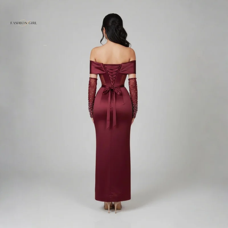 カスタムメイドのワインレッドのカクテルドレス2025、透明なコルセット要素を備えたイブニングドレス、ビーズ付きロンググローブ付き、結婚式のゲストドレス