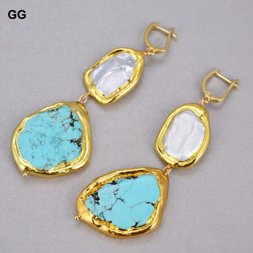 GG Cultured White Keshi Pearl Blue Turquoise Slice Leverback Earrings Ethnic Style For Women