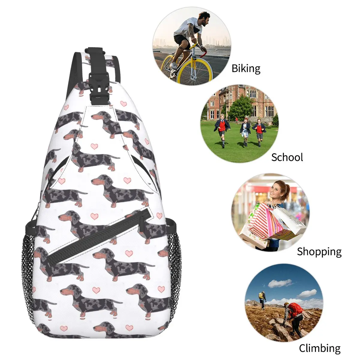 Schattige Hond Teckel Sling Tas Borst Crossbody Schouder Rugzak Outdoor Wandelen Dagrugzakken Dier Cartoon Mannen Vrouwen Tas