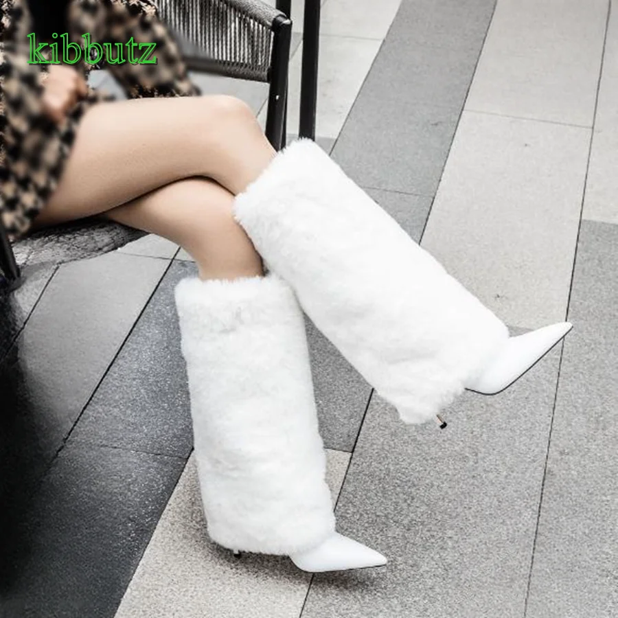 

Winter Furry High Heel Boots,Pointed Toe Stiletto Knee High Boots Snow Boots Fashion Women Shoes 2023 New Zapatos Para Mujere