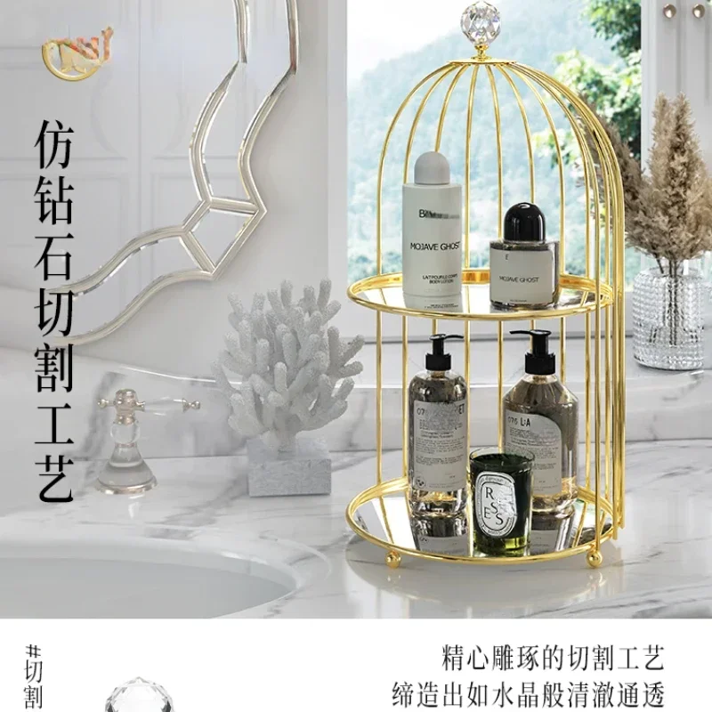 Perforation-free bathroom shelf cosmetic birdcage shell rotating tray