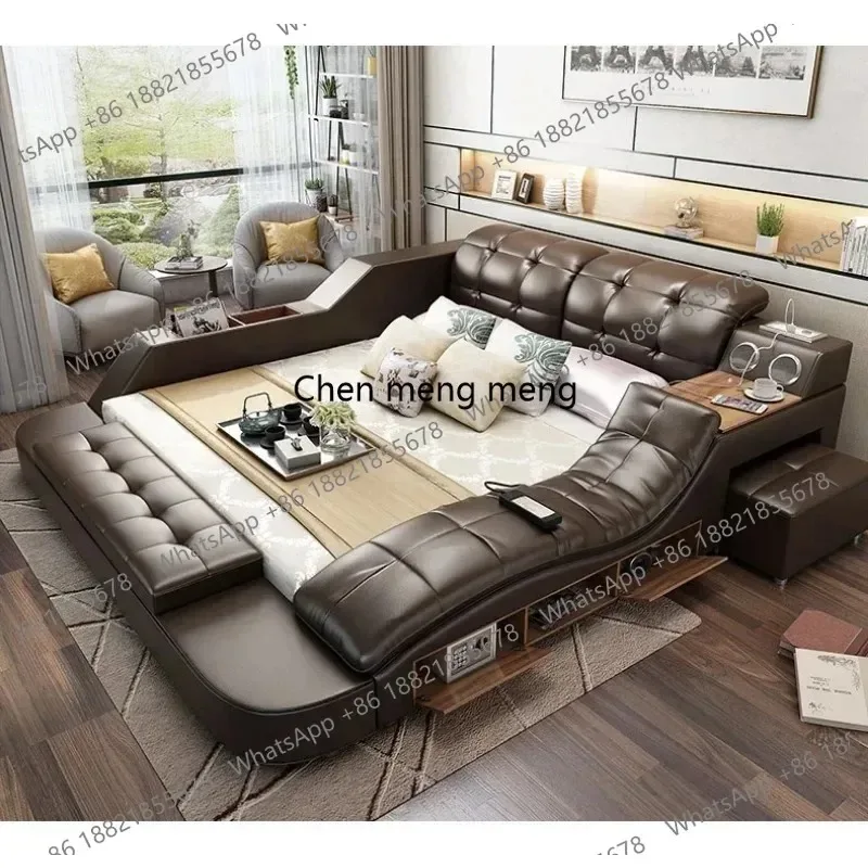 E136  multifunction storage bed with massage music design of leather bed solid wood frame tatami factory wholesale