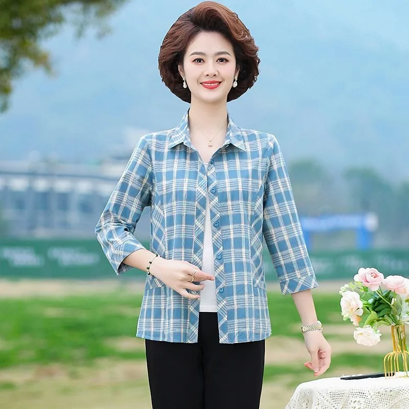 

Women's Plaid 3/4 Sleeve Button Down Shirt Casual Turn Down Collar Blouse For Middle Aged