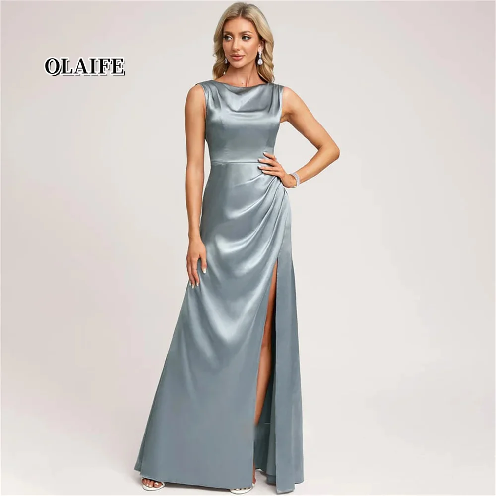 New A-line Wedding Dress Scoop Neck Simple Wedding Guest Dresses Floor-Length Stretch Satin Bridesmaid Dresses Party Dresses