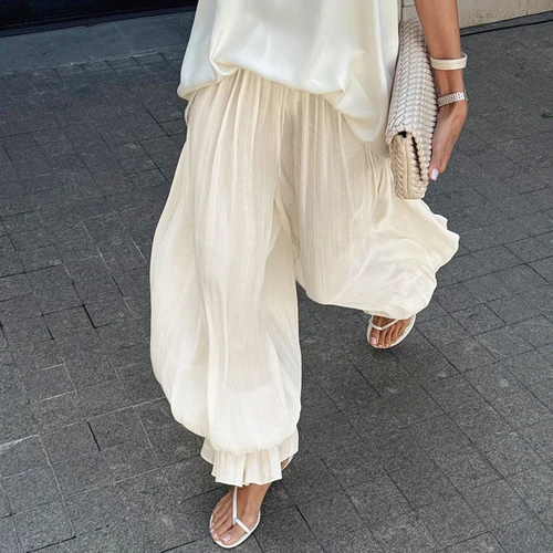 Linad elegante albaricoque bombachos sueltos para mujer otoño calle Chic pura cintura elástica pantalones otoño Casual pantalones largos acampanados 2025