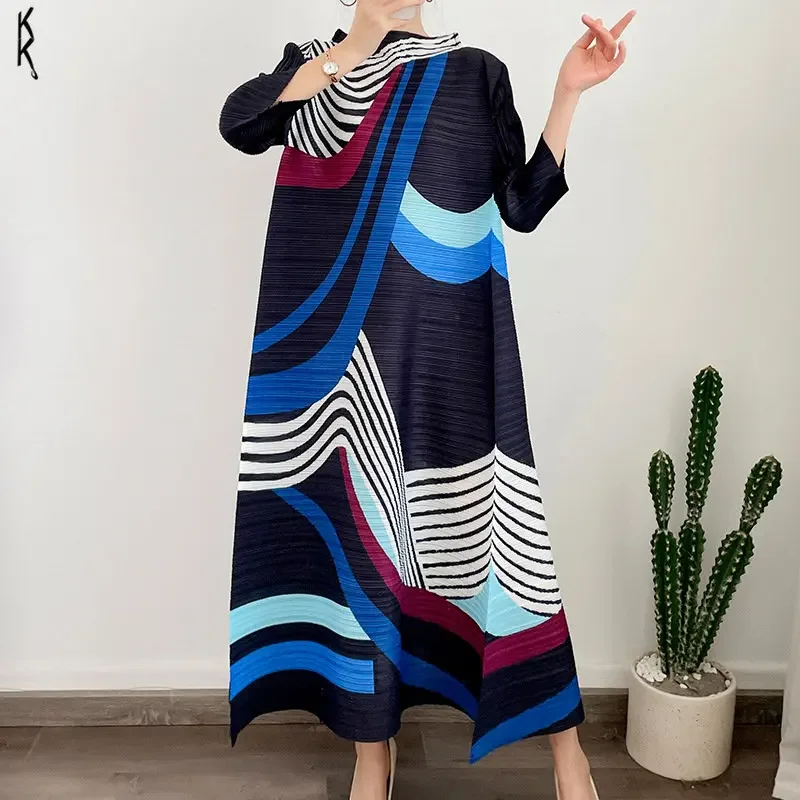 

ANLAN Miyake Pleated Dress 2024 Summer New O-Neck Long Sleeved Printed Fashion Evening Dresses Elegant Women's Clothing 9AK2075