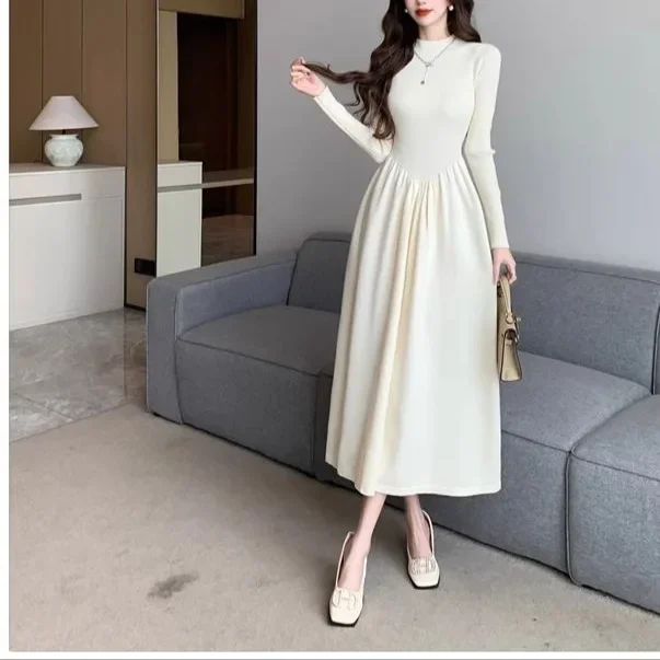 フレンチスタイルハイカラー長袖ニットドレス女性秋冬コートインナーウエストシンチングマキシスカート新着ファッション