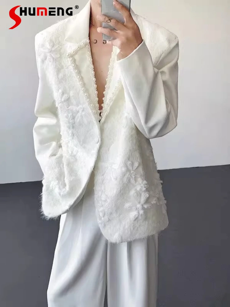 

Fashion Light Luxury Three-dimensional Jacquard Handmade Pearl Collar Suit Jackets Men's 2025 Spring Autumn New Trendy Blazers