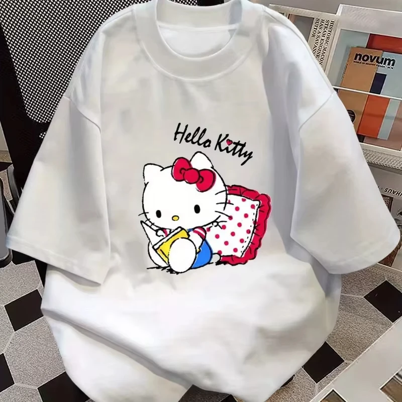 

MINISO 2025 New Women White T-shirt Cute Hello Kitty T-shirt with Creative Y2K Cotton Loose Casual Multi Functional Short Sleeve
