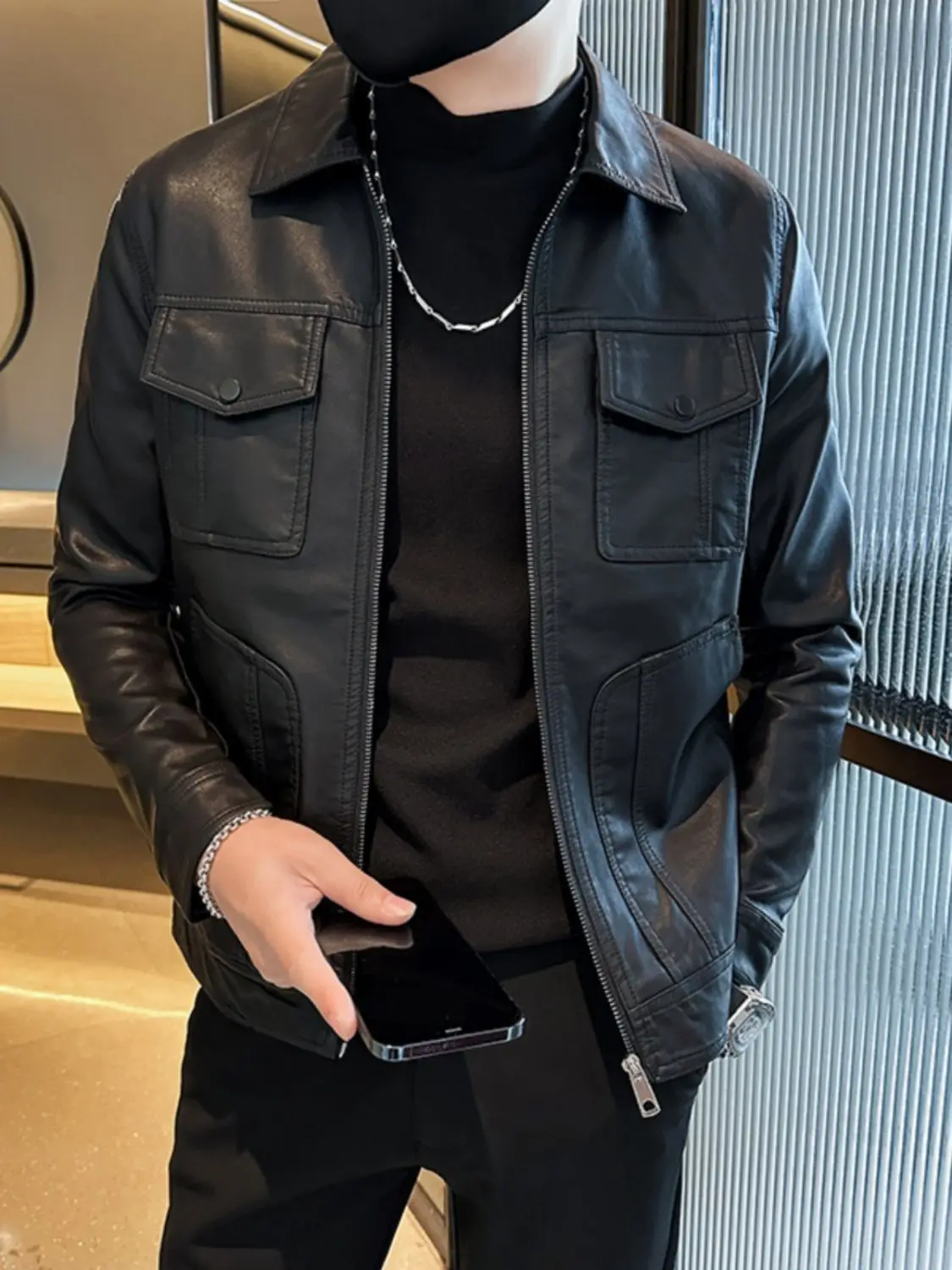 

Мужская кожаная куртка-косуха Slim Fit с модным воротником, обновленная версия, корейский стиль, длинный рукав, на молнии