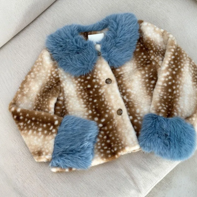 Women Faux Fur Cropped Jacket Deer Spot Print Contrast Blue Fur Collar Cuff Short Coat Ladies Warm Furry Outerwear Streetwear