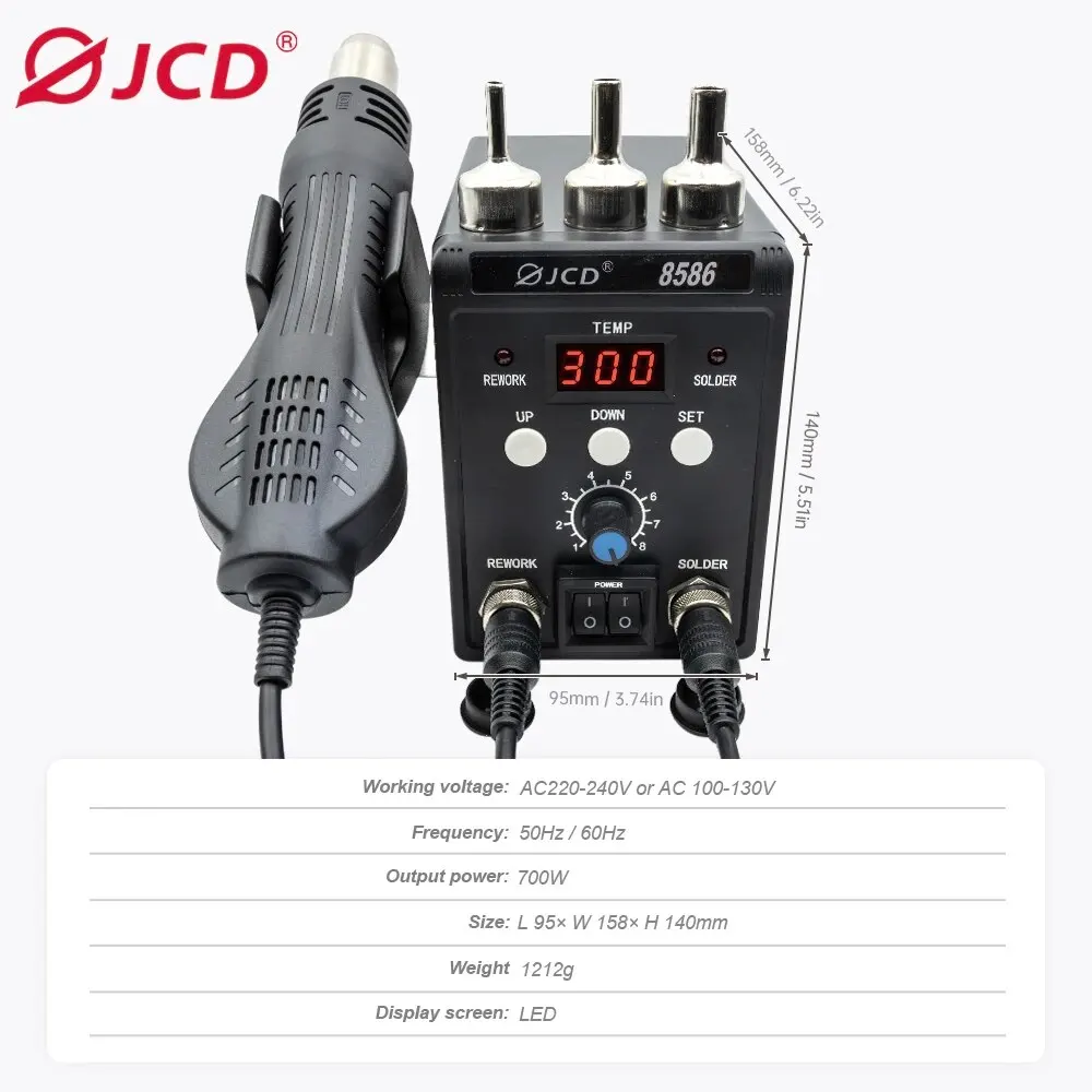 JCD 8586 Soldering Station 2 In 1 Digital ESD Hot Air Blower Heat Gun Welding Solder Iron SMD Desoldering Rework Station Tools